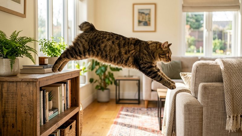 Un atlético gato bobtail americano saltando con agilidad entre muebles de un salon luminoso, cuerpo musculoso en pleno m