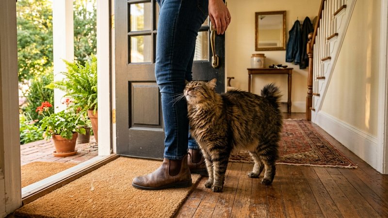 Un gato bobtail americano recibiendo a su dueno junto a la puerta de casa y frotandose contra sus piernas como haria un