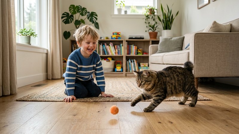 Un gato bobtail americano jugando a buscar y traer una pelota pequena con un nino sonriente en el salon de una casa lumi