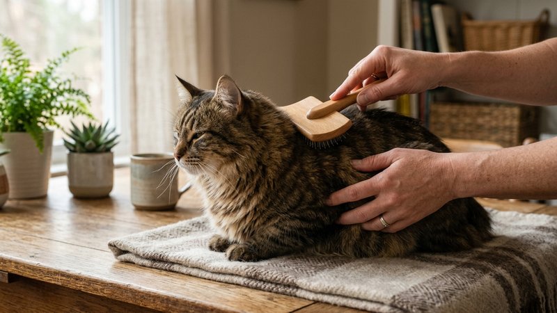 Unas manos humanas cepillando con suavidad el pelaje denso de un gato bobtail americano tranquilo sobre una mesa hogareñ