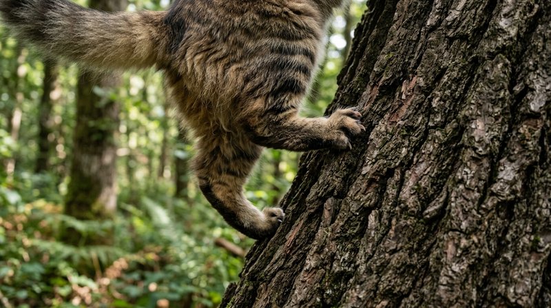 Un primer plano de las patas traseras de un gato de pelo semilargo agarradas con fuerza a la corteza rugosa de un árbol,