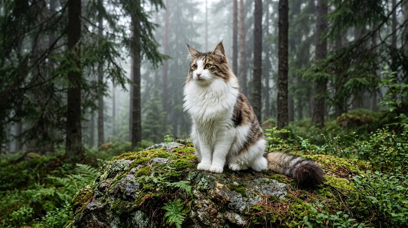 Un gato de bosque de Noruega atigrado y blanco sentado sobre una roca cubierta de musgo en un bosque de coníferas del no