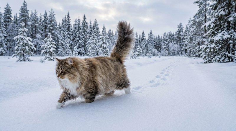 Un gato grande y peludo caminando sobre nieve recién caída con la cola espesa levantada, huellas marcadas detrás, paisaj