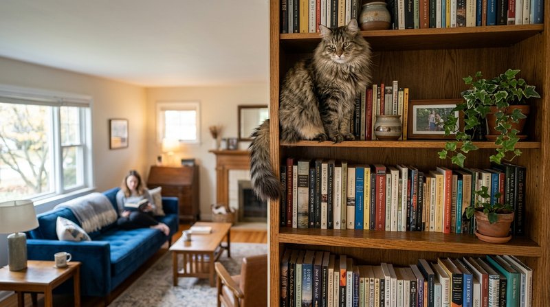 Un gato grande de pelo largo encaramado en lo alto de una estantería de un salón, observando la habitación desde arriba