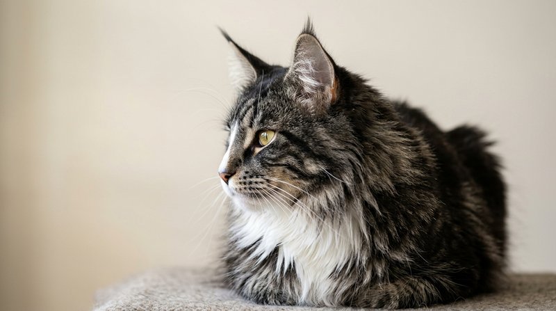 Un retrato de perfil de un gato de bosque de Noruega mostrando la línea recta del hocico a la frente, orejas grandes con