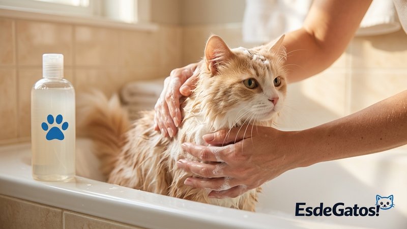 Un bote de champú para gatos junto a una bañera, con un gato enjabonado suavemente por unas manos