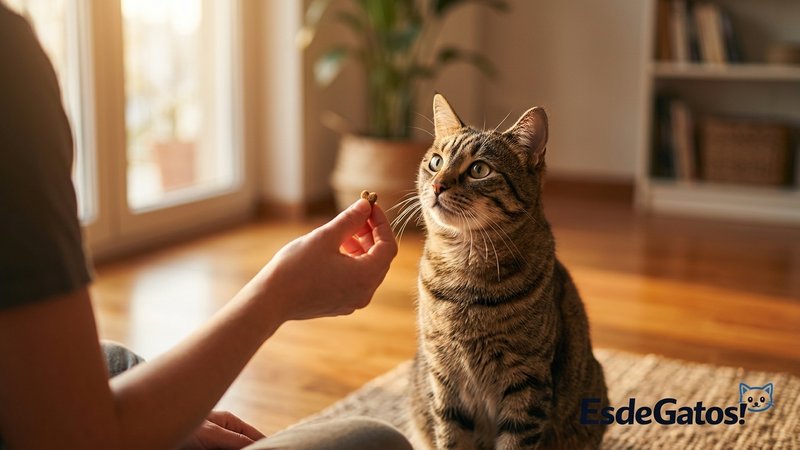 Una breve sesión de entrenamiento entre una persona y su gato atento, con un premio en la mano