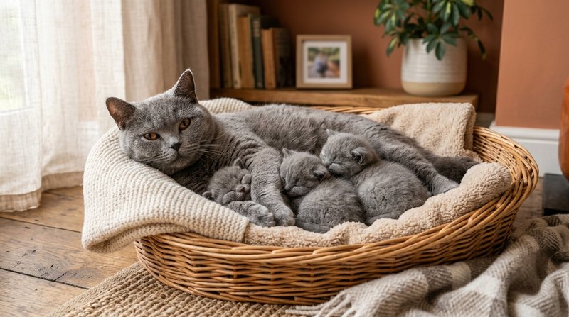 Una gata british shorthair azul tumbada en una cesta acolchada con su camada de gatitos apelotonados contra ella, rincón
