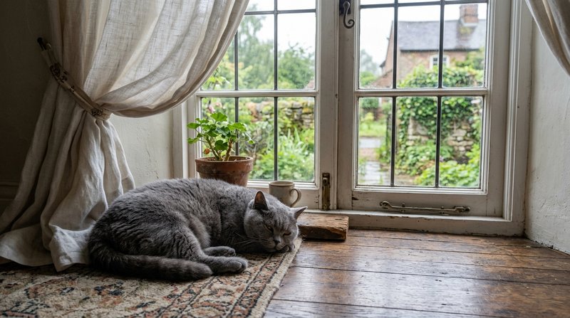 Un gato british shorthair gris de cuerpo compacto tumbado junto a una ventana antigua de casa inglesa, con cortinas de l