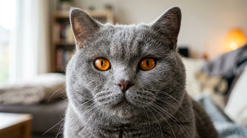 Un primer plano de la cara redonda de un british shorthair azul, con las mejillas marcadas, el hocico corto de comisuras