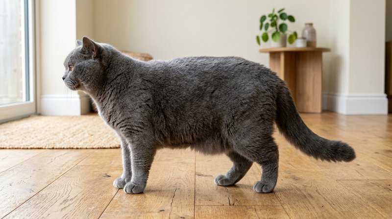 Un british shorthair azul de cuerpo entero y de perfil sobre un suelo de madera, mostrando el pecho ancho, las patas cor