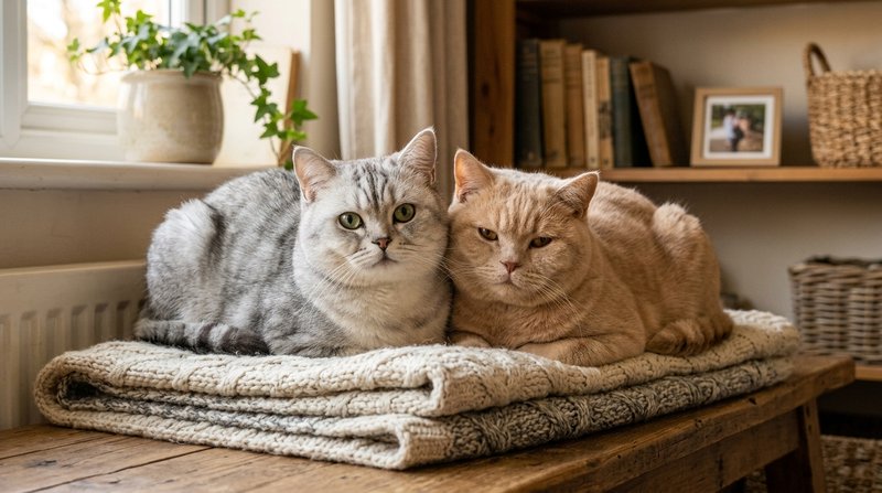 Dos gatos british shorthair juntos sobre una manta doblada, uno de manto plateado con ojos verdes y otro de color crema,