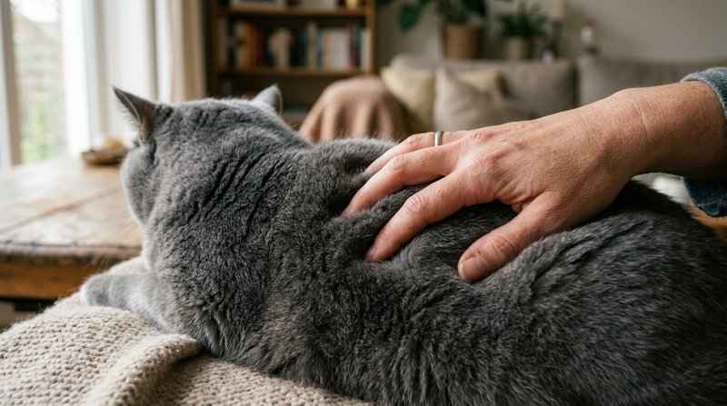 Una mano humana hundiendo los dedos en el manto denso y levantado de un british shorthair azul, con la textura afelpada