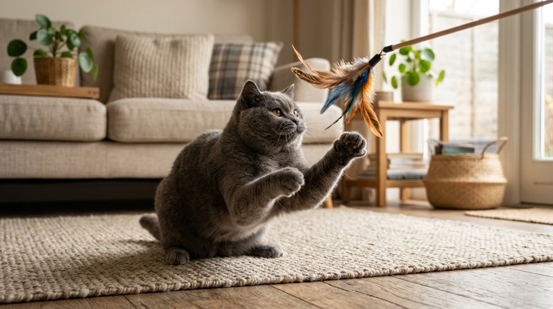 Un british shorthair gris jugando con una caña de plumas a ras de suelo en un salón, con las patas delanteras levantadas