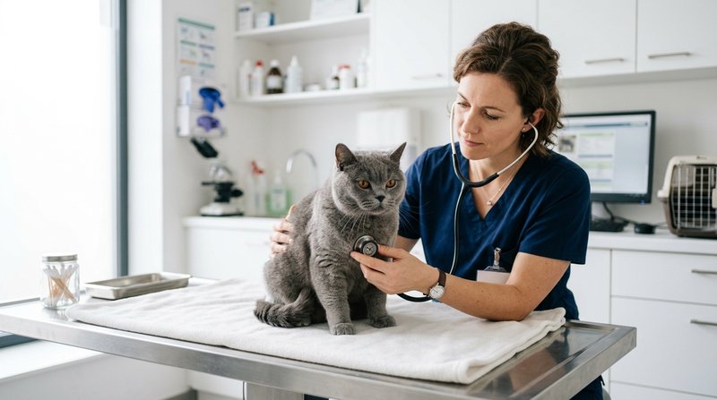 Una veterinaria auscultando con un fonendoscopio a un british shorthair azul sobre la mesa de una consulta limpia y lumi