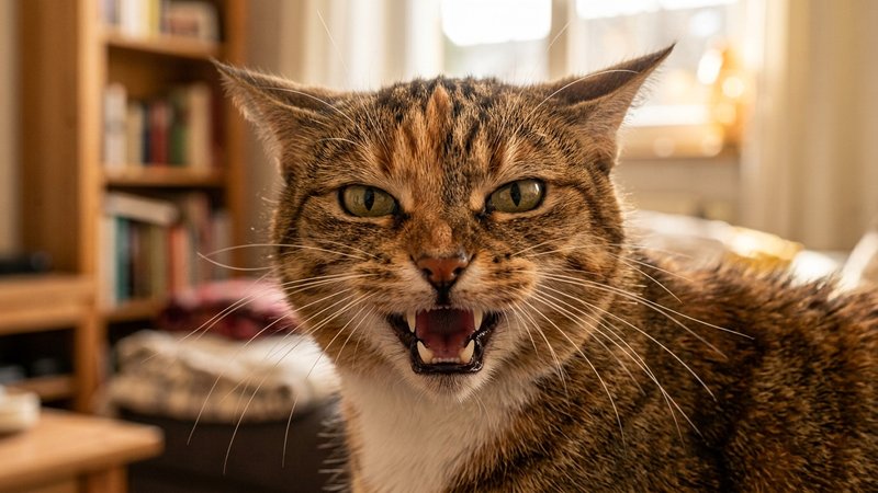 Un primer plano de un gato con las orejas hacia atrás y la boca entreabierta emitiendo un bufido, expresión de advertenc