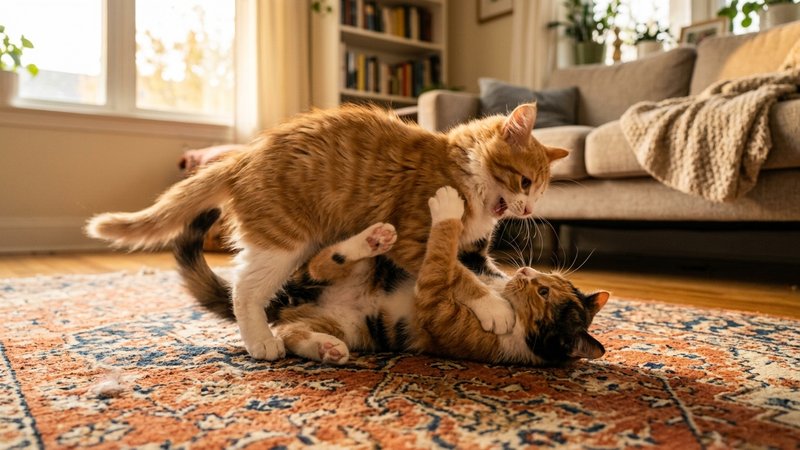 Dos gatos jóvenes jugando de forma brusca sobre una alfombra de un salón cálido, uno encima del otro en pleno movimiento