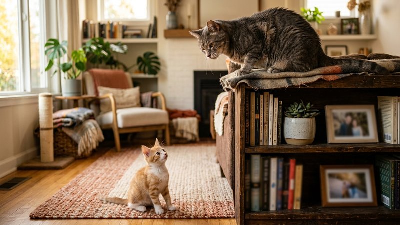 Un gato veterano subido a un mueble alto mirando con recelo a un gatito nuevo lleno de energía que espera abajo, en una