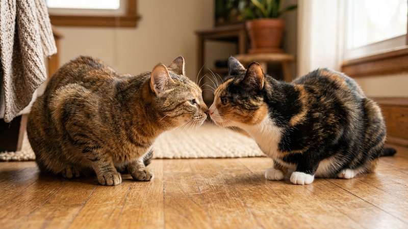 Dos gatos oliéndose nariz con nariz reconociéndose en el suelo de una casa cálida, gesto delicado y curioso, tonos cálid