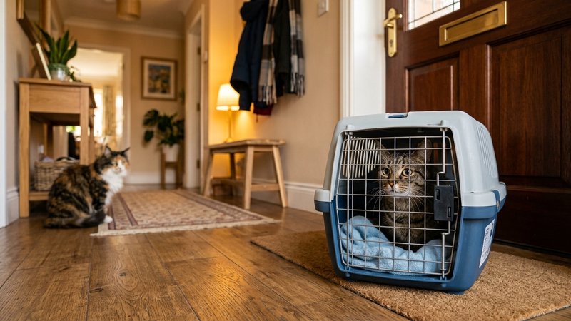 Un gato dentro de un transportín recién llegado a casa junto a la puerta de entrada, con aspecto alterado, mientras otro