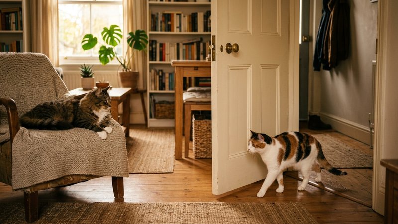 Dos gatos observándose a cierta distancia en una habitación cálida, uno saliendo con calma por una puerta entreabierta,
