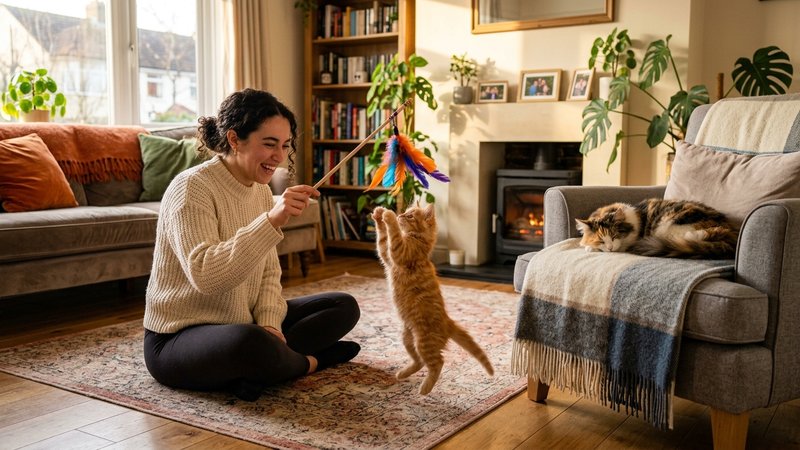 Una persona jugando con un gatito lleno de energía usando una varita de plumas en el salón de un hogar cálido, mientras