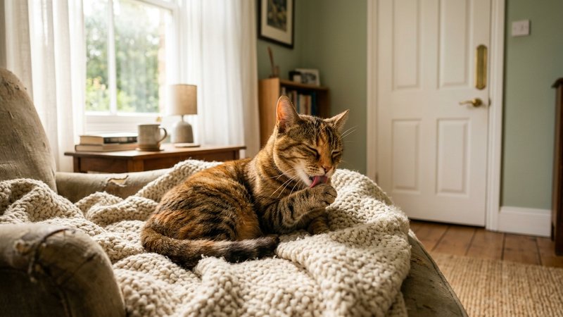 Un gato solo y relajado acicalándose sobre una manta en una habitación tranquila con la puerta cerrada al fondo, luz sua