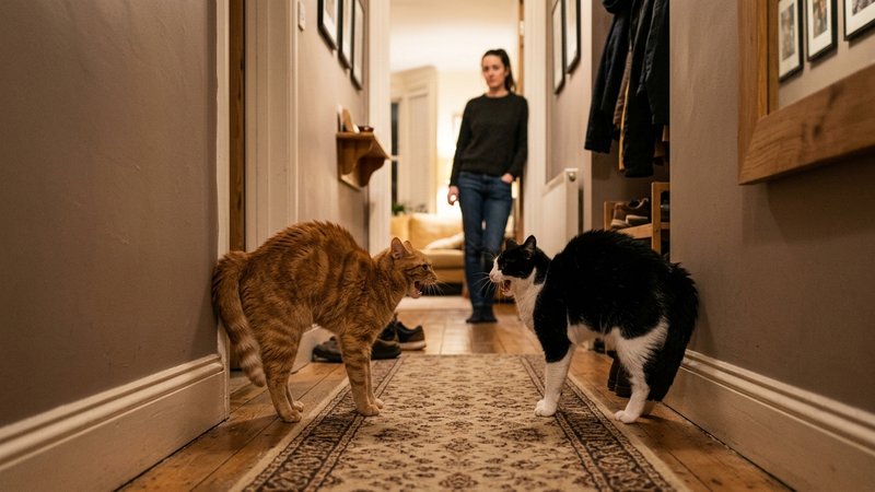 Dos gatos en un enfrentamiento tenso con los lomos arqueados y las bocas abiertas en un pasillo hogareño, más aspaviento