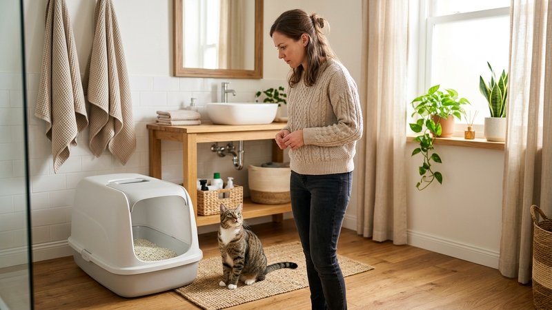 Una persona observando con gesto de leve preocupación un arenero limpio en un baño luminoso y pulcro, un gato atigrado c