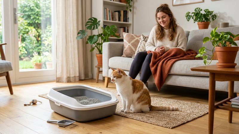 Un gato blanco y naranja sentado junto a un arenero limpio mientras su dueña lo observa con atención desde el sofá, sala