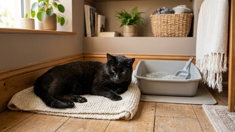 Un gato negro de aspecto algo decaído descansando cerca de un arenero limpio en un rincón cálido del hogar, luz suave de