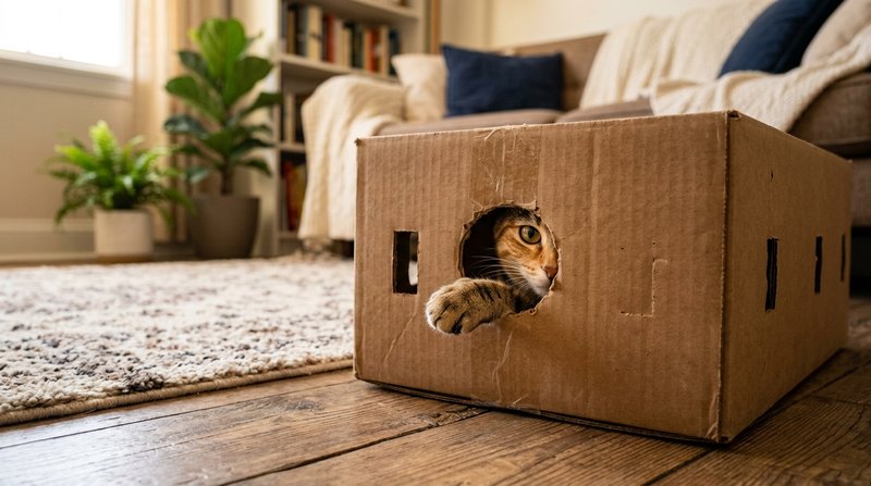 Un gato juguetón asomando la pata por un agujero recortado en una caja de cartón con ventanas, actitud divertida, salón