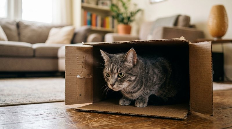 Un gato gris agazapado dentro de una caja de cartón con la mirada fija y las orejas hacia delante, en actitud de acecho,