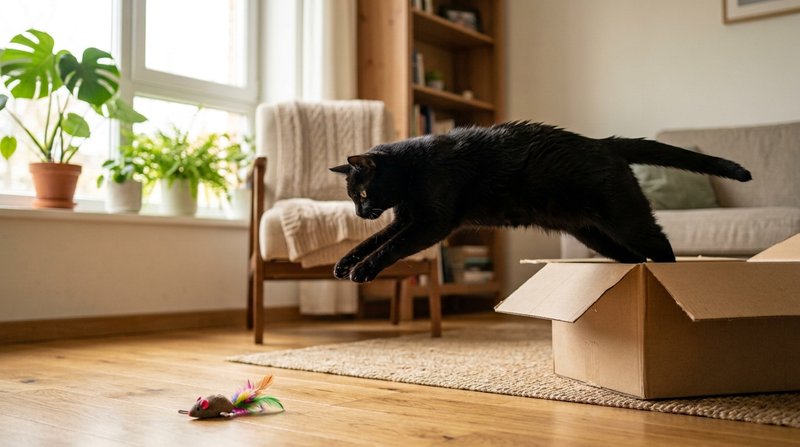 Un gato negro abalanzándose desde el borde de una caja de cartón hacia un juguete en el suelo, con movimiento dinámico,