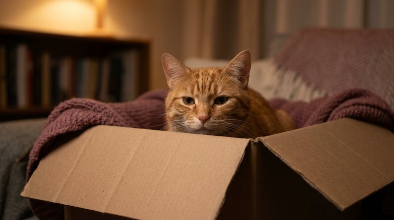 Un gato naranja asomando tranquilo desde el interior de una caja de cartón acogedora, expresión relajada y a salvo, rinc