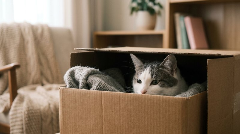 Un gato tímido blanco y gris escondido dentro de una caja de cartón en un rincón sereno, sensación de refugio y calma, a