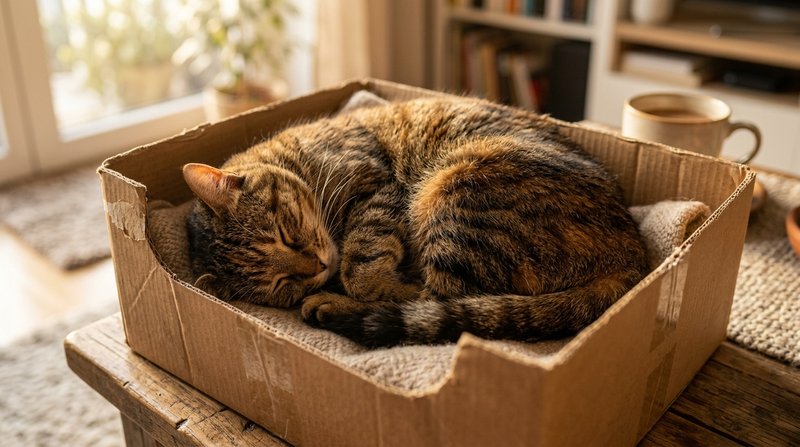 Un gato marrón hecho un ovillo apretado dentro de una caja de cartón del tamaño justo, con las patas recogidas, ambiente