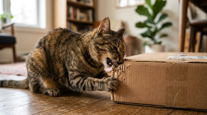 Un gato atigrado mordisqueando y arañando el borde de una caja de cartón, en primer plano detallado, fondo hogareño dese