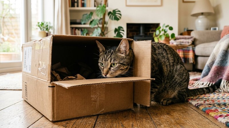 Un gato curioso asomando la cabeza dentro de una caja de cartón para investigar su interior, orejas atentas, salón hogar