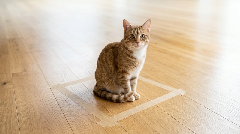 Un gato sentado dentro de un cuadrado dibujado con cinta adhesiva en el suelo de una habitación, sin paredes reales, exp