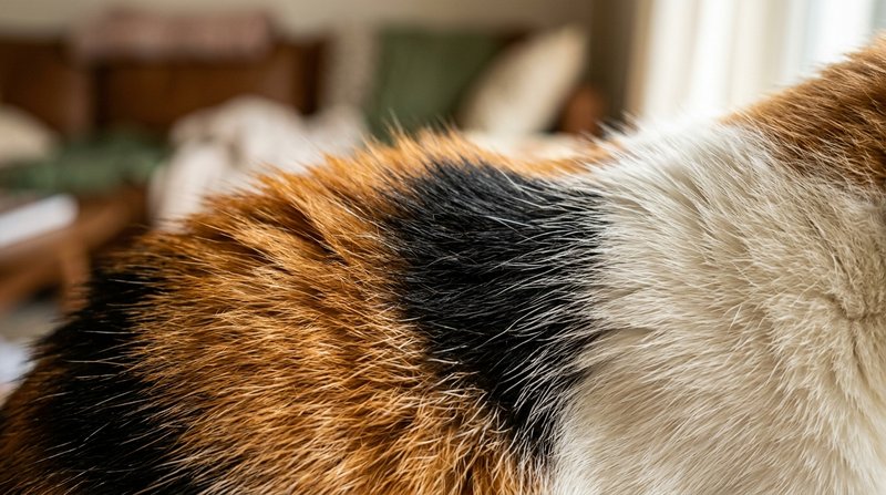 Un primer plano macro del pelaje de una gata calicó en la zona donde se juntan las manchas naranja, negra y blanca, cada