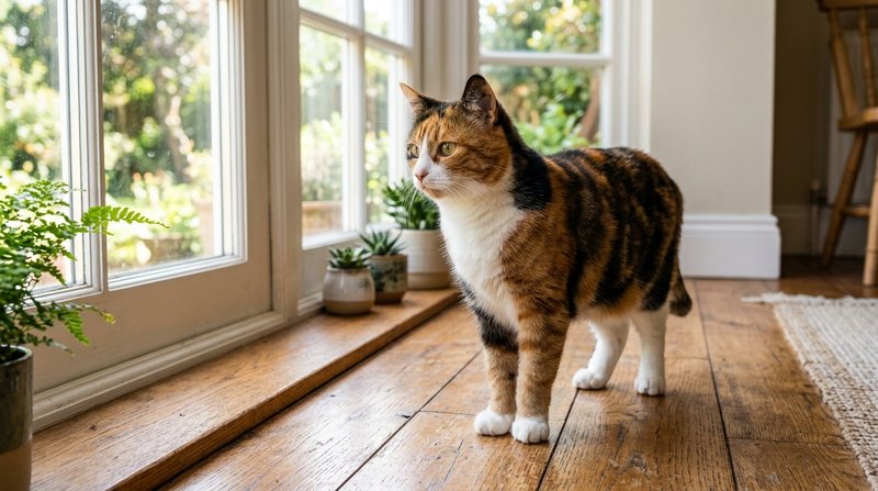 Una gata calicó con amplias zonas blancas en el pecho y las patas, de pie sobre un suelo de madera junto a una ventana l