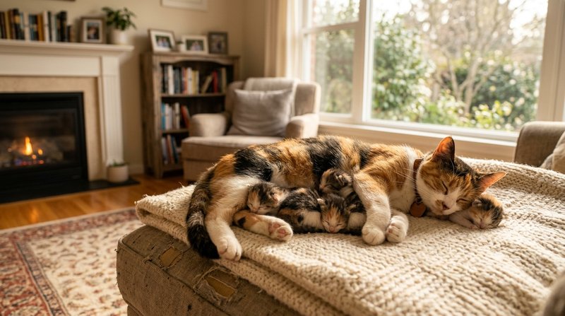 Una gata calicó adulta descansando junto a sus gatitos sobre una manta clara en un salón hogareño, ambiente cálido y tra
