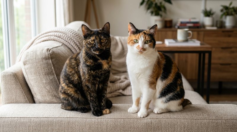 Dos gatos sentados lado a lado en un sofá, uno carey con el naranja y el negro entrelazados sin blanco y otro calicó con