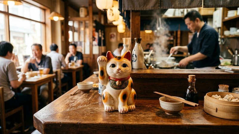 Una figurita de cerámica de gato tricolor con la pata levantada sobre el mostrador de madera de un pequeño restaurante a