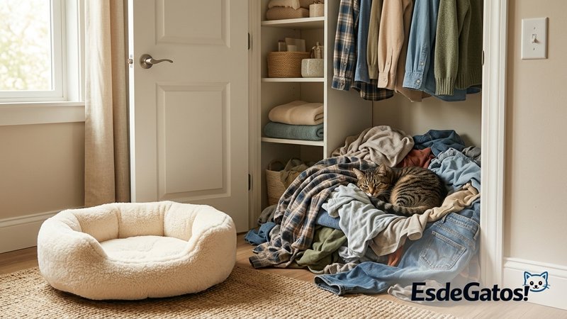 Una cama o cojín de gato recién lavado colocado cerca del clóset