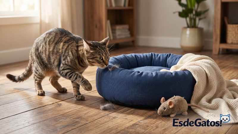 Una cama para gatos en el suelo con un gato acercándose a olerla de forma desconfiada