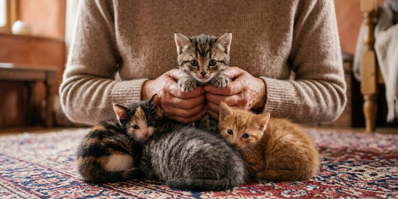 Camada de gatitos de cinco semanas manipulados uno a uno por una persona