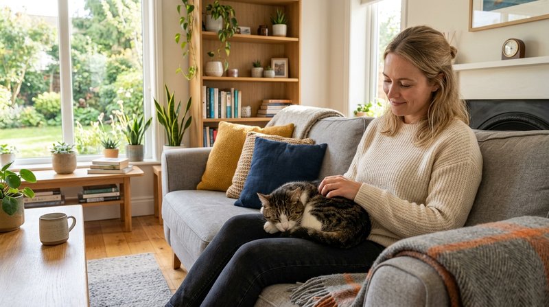 Una persona sentada en el sofá acariciando a un gato acurrucado en su regazo, salón hogareño ordenado y tranquilo, luz n