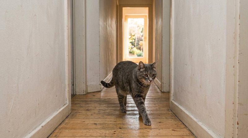 Un gato gris avanzando por un pasillo estrecho de paredes claras que forma un laberinto, con una salida iluminada al fon